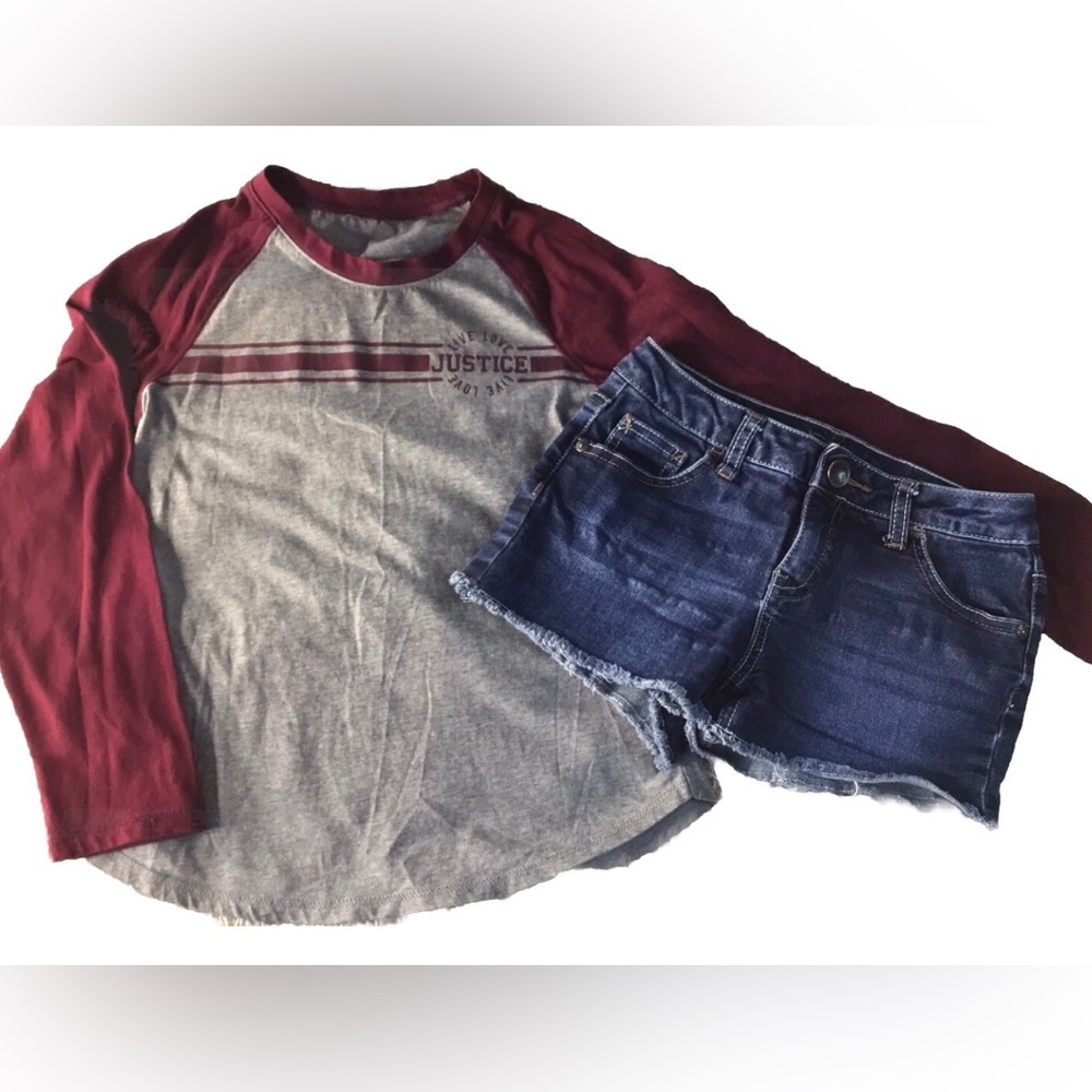 JUSTICE Girls size 8 JERSEY SHIRT JEAN SHORTS OUTFIT